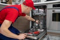 Home appliance maintenance - repairman repairing dishwasher in kitchen