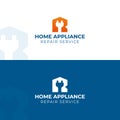 Home appliance repair logo. Vector logotype template. Electric plug in R letter with house silhouette Royalty Free Stock Photo