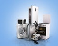 Home appliances Group of white refrigerator washing machine stove microwave oven vacuum cleaner on blue background 3d Royalty Free Stock Photo