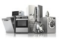 Home appliances. Household kitchen technics isolated on white background. Fridge, dishwasher, gas cooker, microwave oven, washing