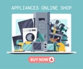 Home appliances poster flat illustration vector. Modern technology house machine equipment. Domestic appliance