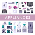 Home appliances set. Modern refrigerator washing machine plasma TV stereo system laptop electric oven coffee machine