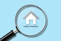 Home Appraisal Concept. View through a magnifying glass on the house icon on a blue background. Valuation of property, real estate Royalty Free Stock Photo