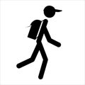 Isolated black sign of person with cap and backpack. Go hiking into nature.