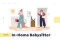 In-home babysitter concept of landing page with mother left kids with young nanny at home