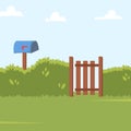 Home backyard background with green bushes fence, wooden side gate and Post box. Vector illustration