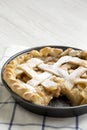 Home-baked apple pie on cloth over white wooden background, side view. Copy space Royalty Free Stock Photo