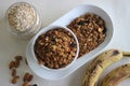 Home baked Banana granola made of overly ripe banana, oats, cinnamon powder, almonds and raisins