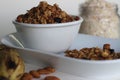 Home baked Banana granola made of overly ripe banana, oats, cinnamon powder, almonds and raisins