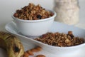 Home baked Banana granola made of overly ripe banana, oats, cinnamon powder, almonds and raisins