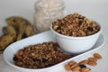 Home baked Banana granola made of overly ripe banana, oats, cinnamon powder, almonds and raisins