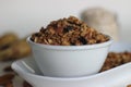 Home baked Banana granola made of overly ripe banana, oats, cinnamon powder, almonds and raisins