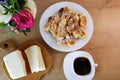 Home-baked brushwood during quarantine. Homemade dessert preparation. Simple food. Homemade feta cheese, a cup of coffee on a