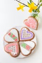 Home-baked and decorated heart shaped cookies.