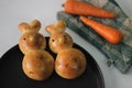 Home baked Easter Bunny bread rolls. Buns baked in the shape of Bunny as part of Easter celebration Royalty Free Stock Photo