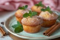 Home-baked muffins with cinnamon and mint on plat