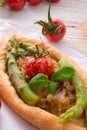 Home-baked pide with green asparagi Royalty Free Stock Photo