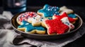 Home baked 4th July sugar cookies with colorful royal icing on a plate. Holiday pastry for Independence day baking with kids