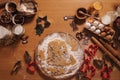 Home bakery, cooking traditional festive sweets. Preparing for making gingerbread dough on wooden table. New Year Royalty Free Stock Photo