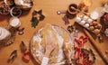 Making gingerbread at home. Little girl cutting cookies of gingerbread dough. Christmas and New Year traditions concept Royalty Free Stock Photo