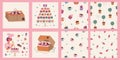 Home bakery. A female pastry chef decorates the cake with cream. Vector illustration. A set of seamless patterns