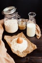 Home baking. Baking ingredients on the wooden table