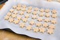 Home baking Christmas cookies: star shaped biscuits arranged on