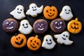 Home baking Halloween cookies for party, cute and delicious homemade iced biscuits on dark background, top view. Generative AI