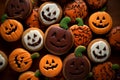 Home baking Halloween cookies for party, cute and delicious homemade iced biscuits on dark background, top view. Generative AI Royalty Free Stock Photo