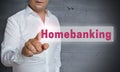Home banking touchscreen is operated by man Royalty Free Stock Photo