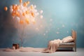 Home bed with balloons and aroma candle, concept of serendipity. Generative AI