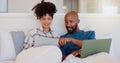 Home, bed and black couple with a laptop, typing and smile with love, bonding and streaming a movie. Bedroom, apartment Royalty Free Stock Photo