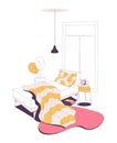 Home bedroom interior drawn in pink and yellow. Bed, bedside table with alarm clock, closed window. Nobody inside the room Royalty Free Stock Photo