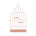 Home bird cage. Birdcage icon. Closed locked empty parrots house with metal wires, perches and ring for hanging. Flat