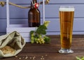 Home brewing concept. Make a lager beer with natural ingredients. Still life with hops, beer and barley on wooden background Royalty Free Stock Photo