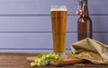 Home brewing concept. Still life with hops, beer and barley on a wooden background. Make a lager beer with natural ingredients. Royalty Free Stock Photo