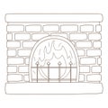 Home brick fireplace with a burning fire. Cozy home, a symbol of autumn. Design element with outline. Doodle, hand-drawn. Black Royalty Free Stock Photo