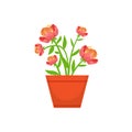 Home Bushy Red Flower In The Flowerpot, Flower Shop Decorative Plants Assortment Item Cartoon Vector Illustration