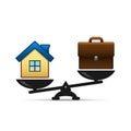 Home and business scales icon. Weight between work, money and your family. Career and family are on the scales. Balance your life