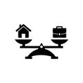 Home and business scales icon. Weight between work, money and your family. Career and family are on the scales. Balance