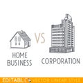 Home business vs Corporation. Buildings small company big corp. Commerce architecture. Editable graphic in linear style. Royalty Free Stock Photo