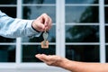 Home buyers are taking home keys from sellers. Sell your house, rent house and buy ideas Royalty Free Stock Photo