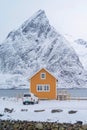 Home, cabin or house, Norwegian fishing village in Reine City, Lofoten islands, Nordland county, Norway, Europe. White snowy