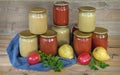 Home canning: pear puree, and tomato juice.