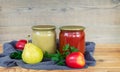 Home canning: pear puree, and tomato juice.