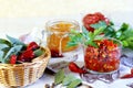 Home canning. Pepper. Marinated hot chili with spices in jars. Royalty Free Stock Photo