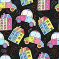 Home, car. Childish, cheerful background. Wallpaper, seamless. S