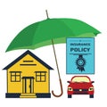 Home and car insurance concept, house and car under protective umbrella, icon, vector illustration