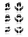 Home, car, keys with hands icons set Royalty Free Stock Photo