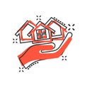 Home care icon in comic style. Hand hold house vector cartoon illustration on white isolated background. Building quality business